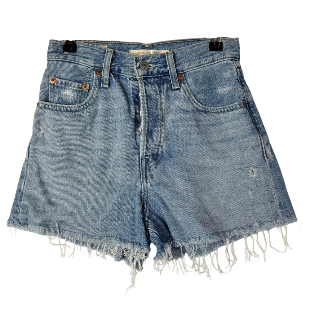 Levi's Light Blue Wash Ribcage Distressed High Rise Denim Shorts 24